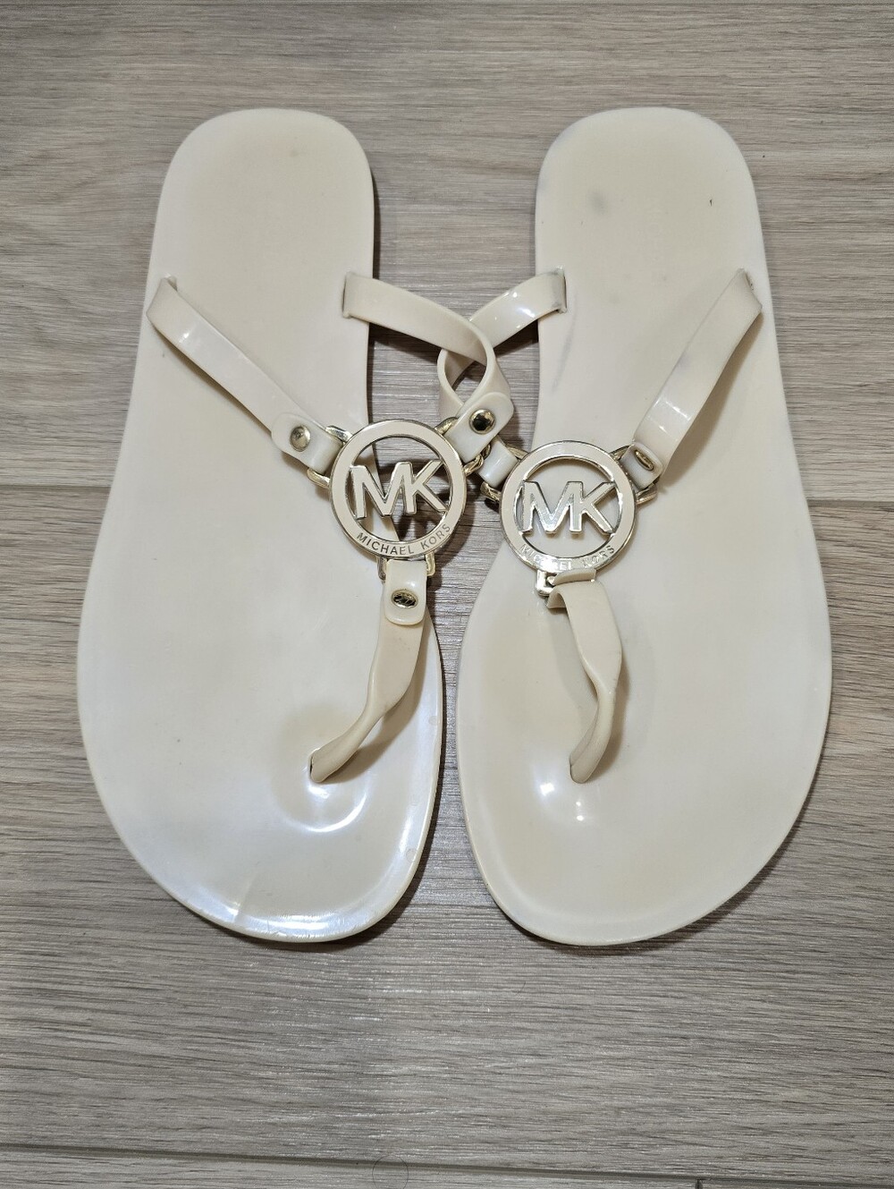 Michael Kors Cream Jelly Thong Sandals with Gold MK Logo